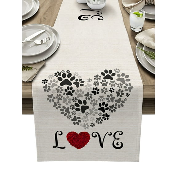 Table Runner Dresser Scarf 14 x 72 Inch Rose Love Dog's Paws Shape Heart Table Runners Non-Slip Heat Kitchen Dining Table Decor for Kitchen Farmhouse Indoor Outdoor Home Party