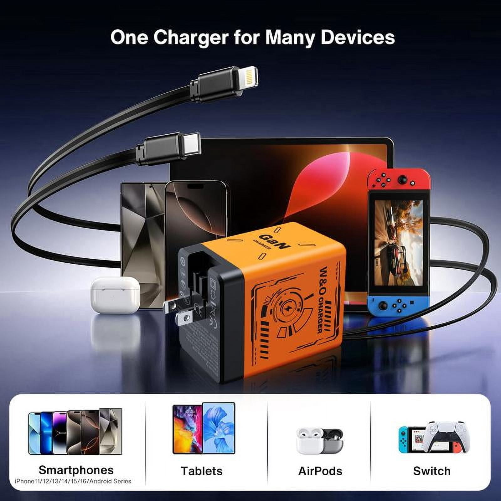 W&O 2-in-1 GaN  Compatible with 120W Fast Charger with Retractable Type-C and ligtning Cable | Portable Adapter for iPhone 16, iPad, MacBook,  Multi-Device Fast Charging, Folding Charing