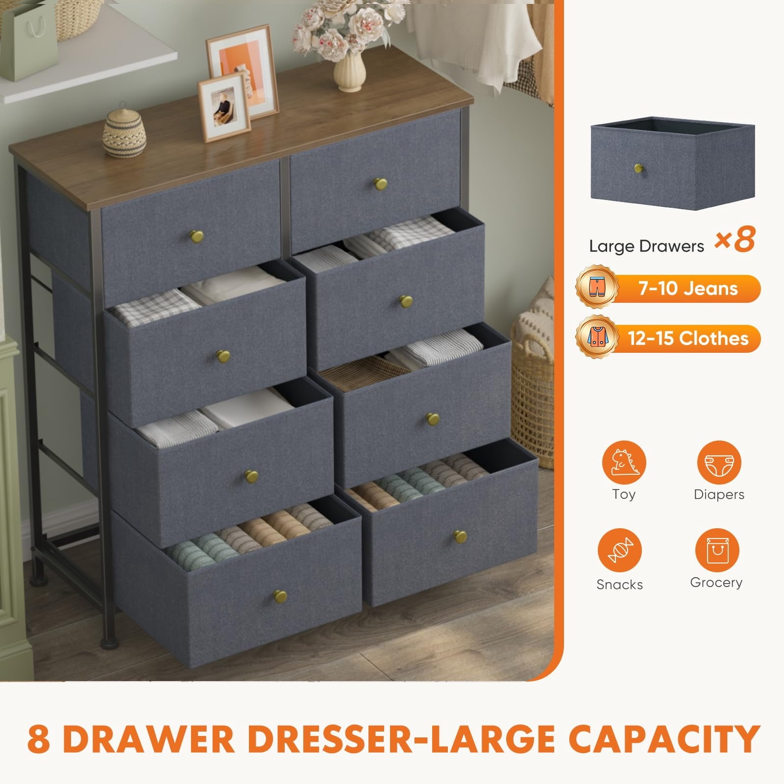 Telyra 8-Drawer Fabric Dresser Tall Storage Tower with Wood Top and Steel Frame Bedroom Closet Organizer, Greyish Blue