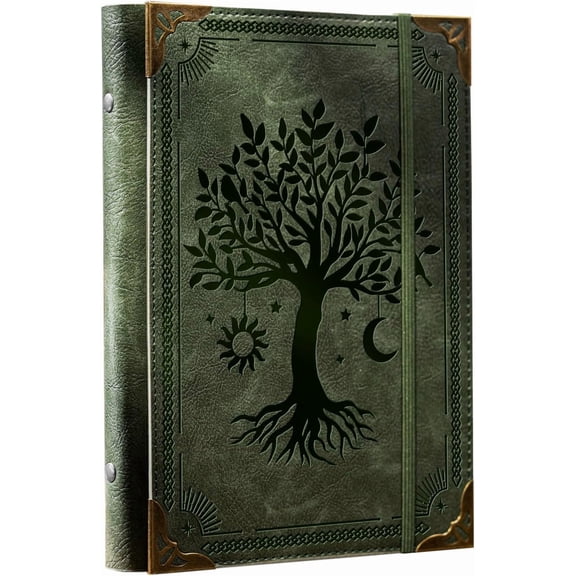 PU Leather A5 Binder 6 Ring Refillable Journal Cover No Refill Paper A5 Planner Binder Loose Leaf Binder for Notebook 5.7”x8.3” with Elastic Closure, Green Tree