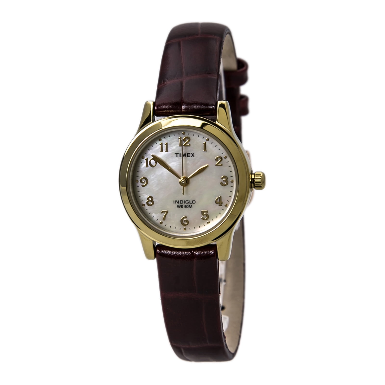 Timex T21693 Women's Dress Mother of Pearl Dial Brown Leather Strap Gold Tone Stainless Steel