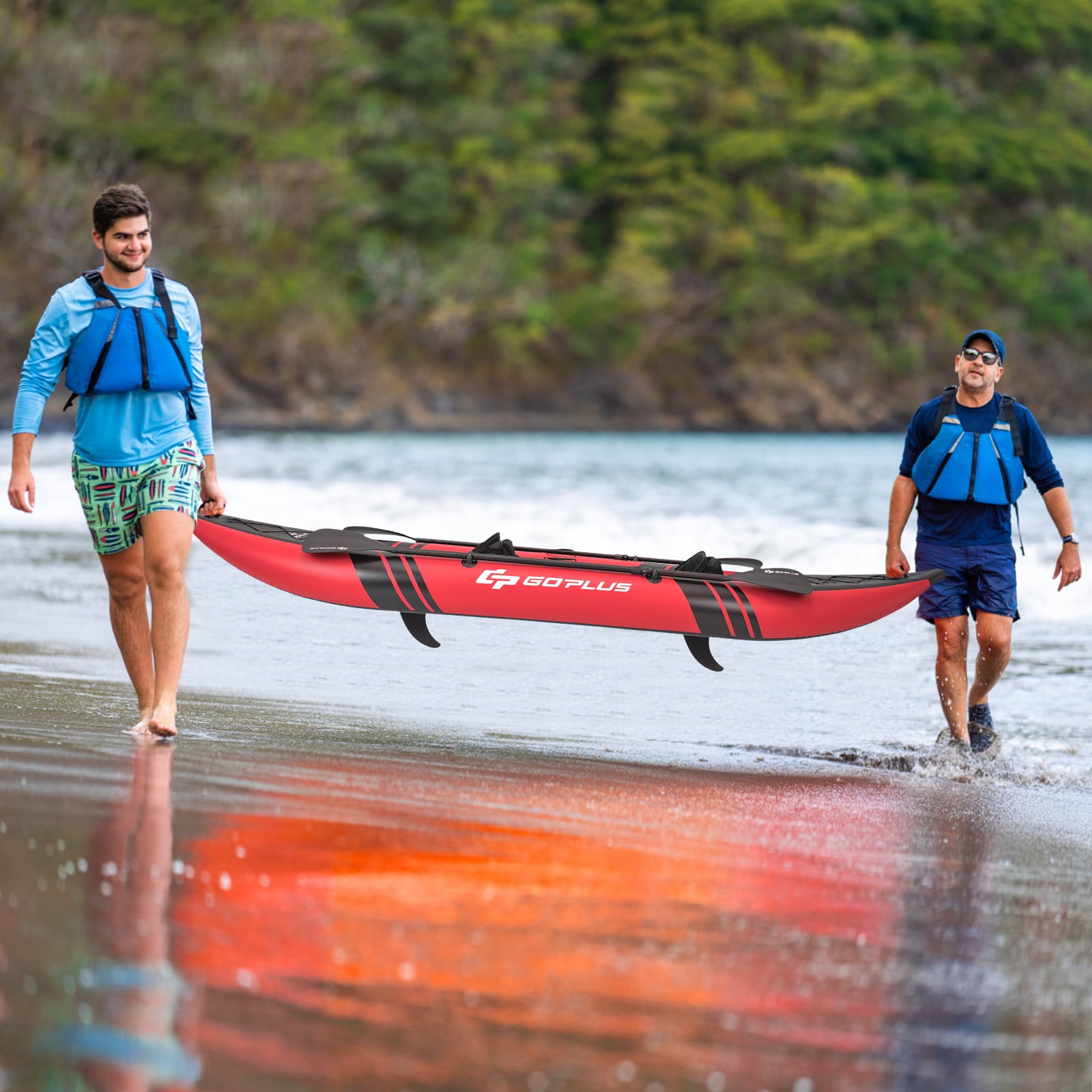 Goplus Inflatable Water Float Set Portable 2-person Kayak with Aluminium Oars EVA Padded Seat Red