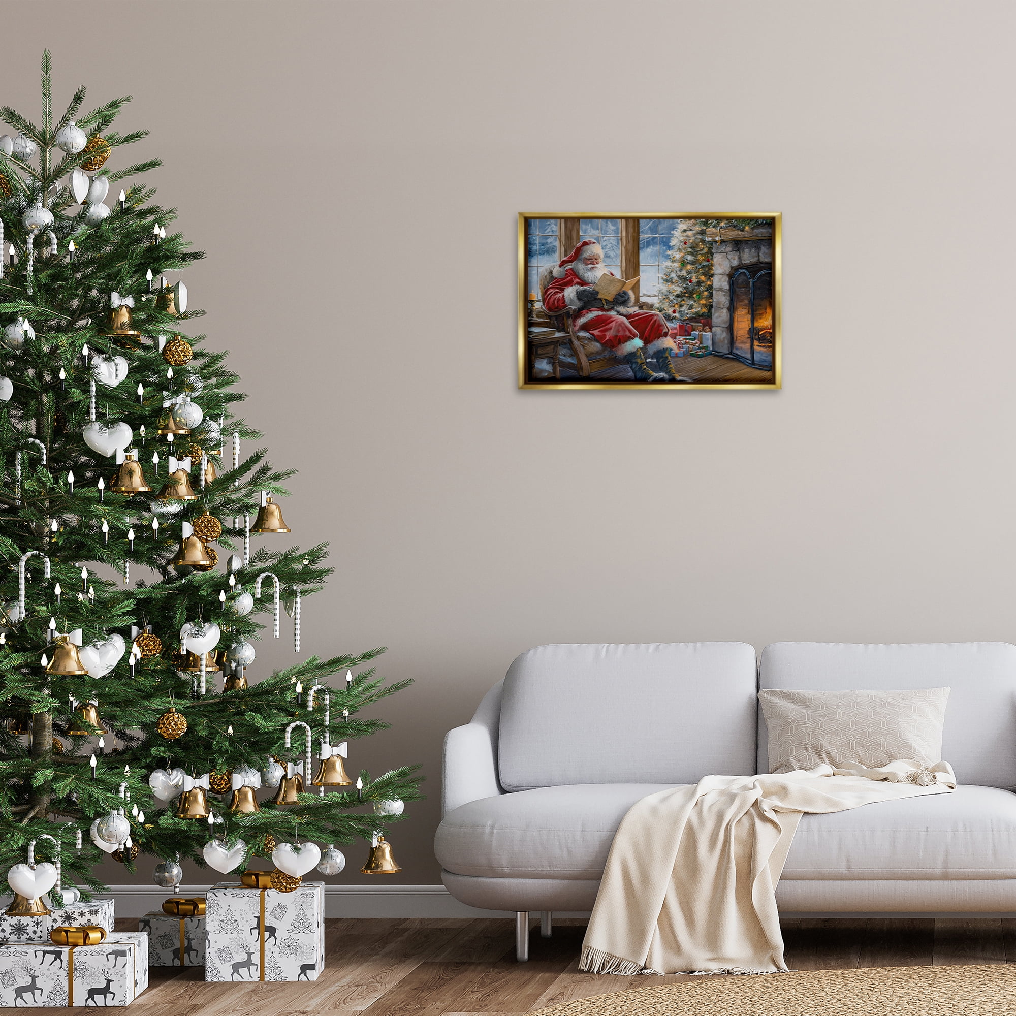 Stupell Industries Santa Reading by Fire Holiday Painting Gold Floater Framed Canvas Art Prints Wall Art, 25 x 17