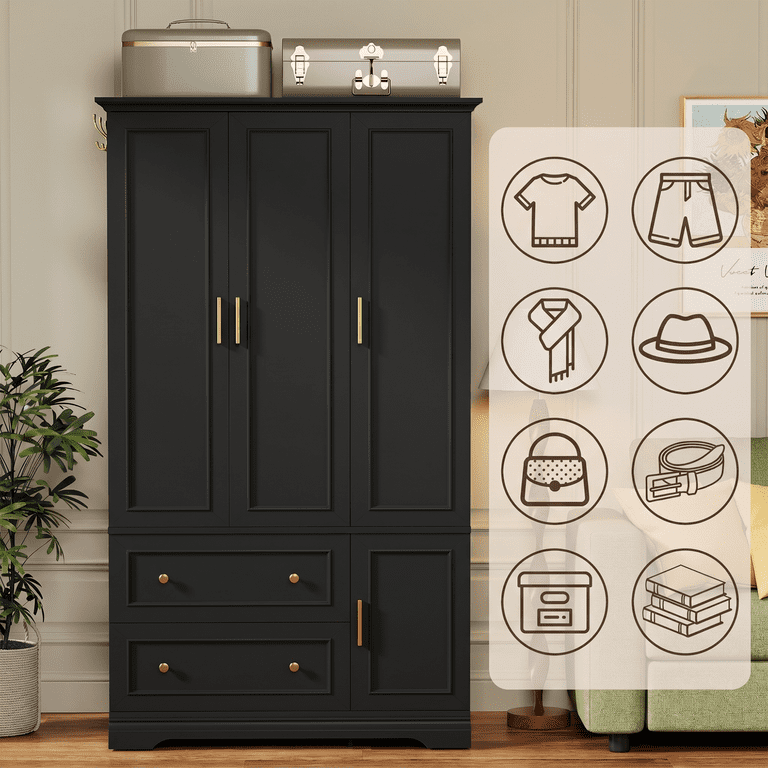 Lacoo Armoire Wardrobe with 3 Doors, 2 Drawers & Hanging Rod, Freestanding Closet Cabinet with Side Hooks for Bedroom, Black