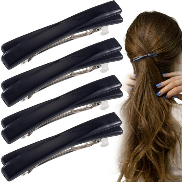 STSTR 4 pasadores franceses para el pelo para mujer de 2,56 pulgadas, pequeño clip de pelo de concha de tortuga, curvado, brillante, fino, accesorios para el cabello plano para mujer (negro)