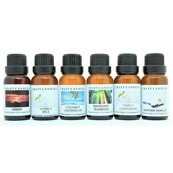 Crazy Candles 6 Bottles Set Vanilla Woods, Tahitian Vanilla, Vanilla Spice, Vanilla Lemongrass, Mahogany Teakwood, Amber 1/2 Fl Oz Each (15ml) Premium Grade Scented Fragrance Oils