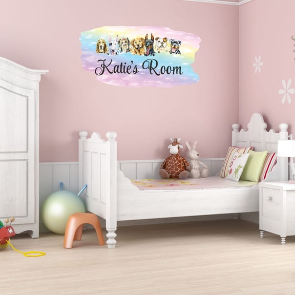Personalized Watercolor Decal Bedroom Wall Decal for Children Multicolored Dogs & Puppies Painting Art Cute Custom Name Décor - Size: 20 In x 10 In