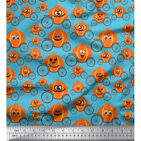 Soimoi Blue Cotton Voile Fabric Pumpkin Cart Nursery Themes Print Fabric by the Yard 42 Inch Wide