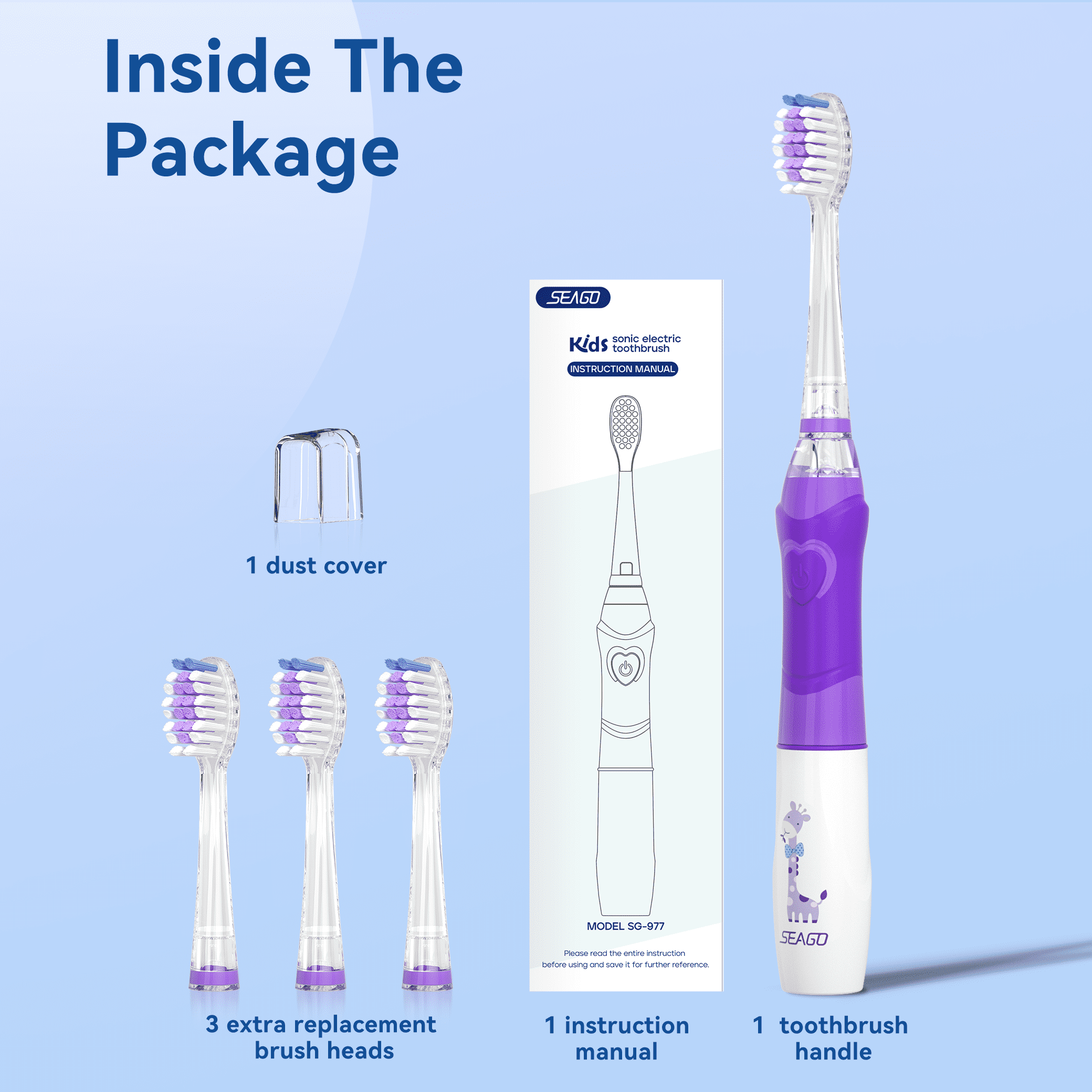 Seago Kids Battery Electric Toothbrush,SG-977Purple,Rainbow LED Light,8 Brush Heads,for Kids 3+