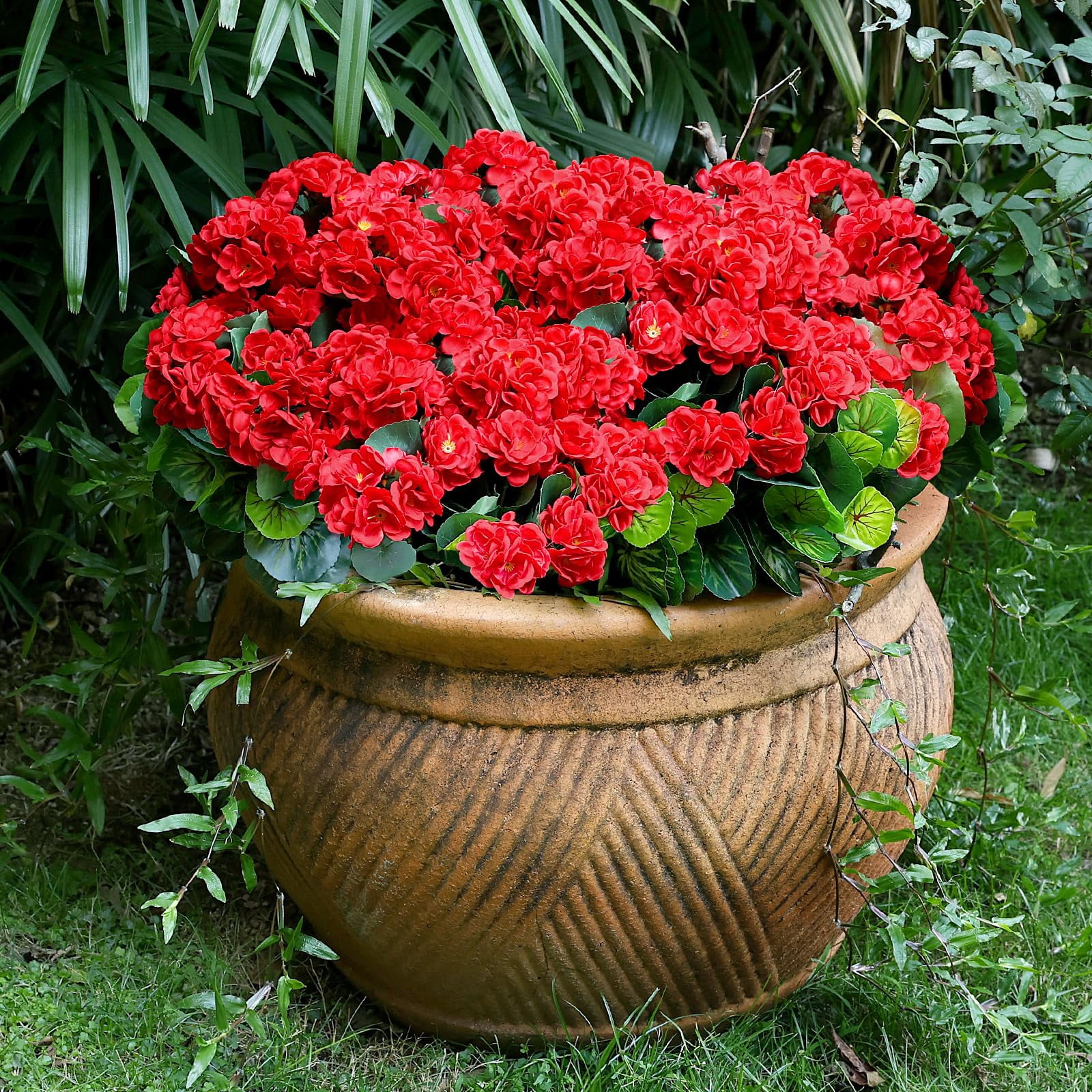 Set of 2 Artificial Flowers Potted for Outdoor, Pre-Made Faux Geranium Plants in Pots UV Resistant Pink Silk Fake Flower Large Potted Plant for Gardens Yards Patios Paths Home Decor - Pink