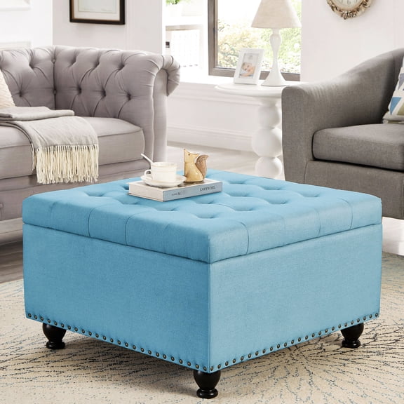 Large Square Light Blue Storage Ottoman | Serves as Coffee Table, Footrest & Toy Box Indoors/Outdoors | Linen Fabric   Solid Wood Frame | Keeps Home Tidy with Ample Storage