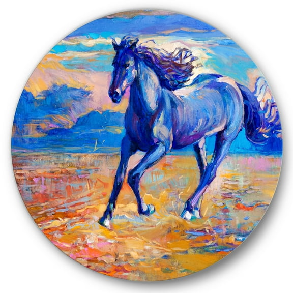 Designart 'Abstract Blue Horse Galoping Over The Prairie' Farmhouse Circle Metal Wall Art 36x36 - Disc of 36
