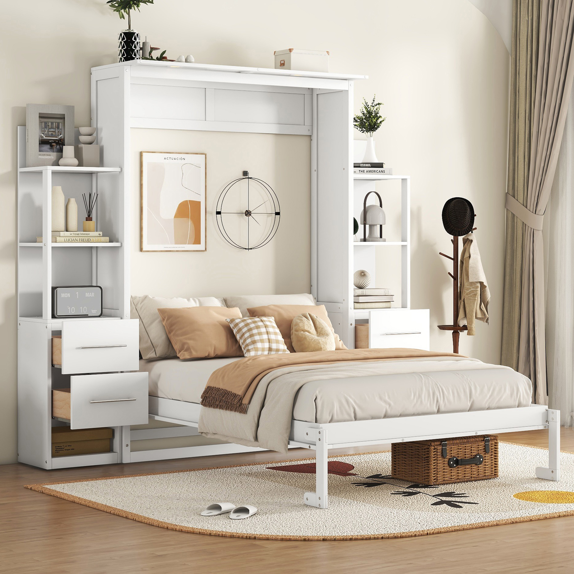 Mintazer Full Size Murphy Wall Bed with Storage Shelves & Drawers, Folding Bed with LED Lights for Guest Room Home Office, White