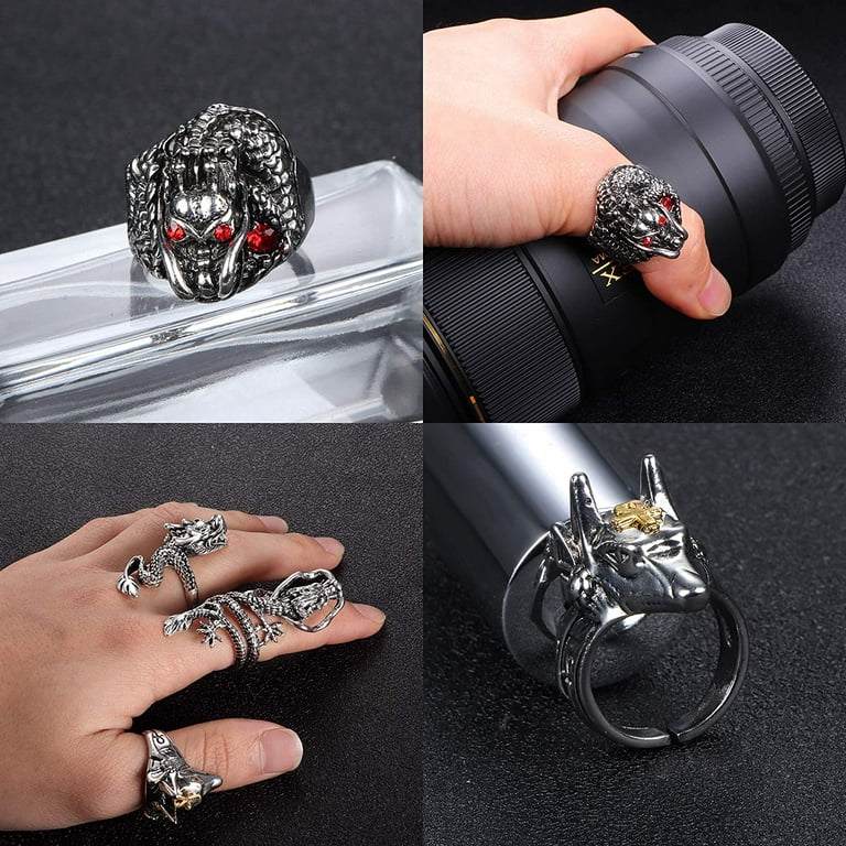 Jstyle 16 PCS Vintage Punk Rings for Men Women Gothic Dragon Claw Cobra  Snake Skull Lion Peafowl Wolf Cattle Fox Cat Rings for Couples Open  Adjustable Ring Set Jewelry 