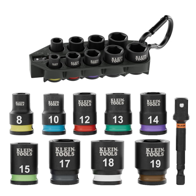 Klein Tools 33809M Grab-and-Go Impact Socket Set, Metric, 10-Piece Set with Sleeve, Carabiner, 3/8-Inch Drive, Color-Coded 8 mm, 10 mm, 12