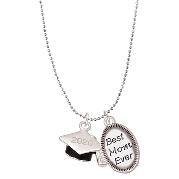 Delight Jewelry Silvertone 3-D Graduation Hat with 2020 Best Mom Ever Charm Necklace