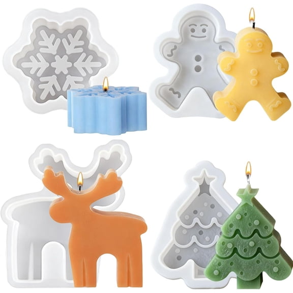 4 Pack Christmas Candle Molds - Silicone Molds for Wax Candle Making, DIY Chocolate & Soap (Snowflake, Snowmen, Christmas Tree, Reindeer)