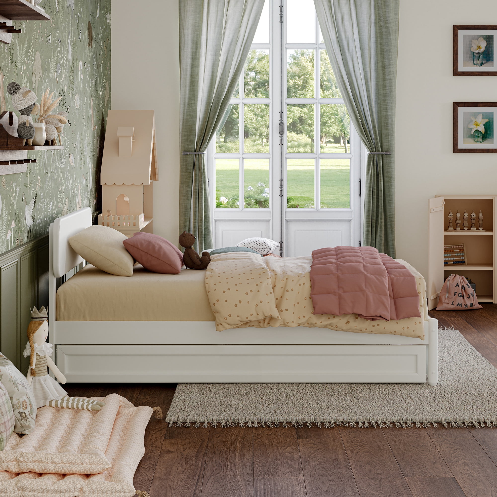AFI Capri Twin Solid Wood Platform Bed with Panel Footboard and Twin Trundle, White