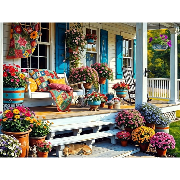 Front Porch Colorful Nostalgic Scene 1000 Piece Jigsaw Puzzle for Adults, Unique Cut Pieces Cozy Home Puzzle for Relaxation and Gift
