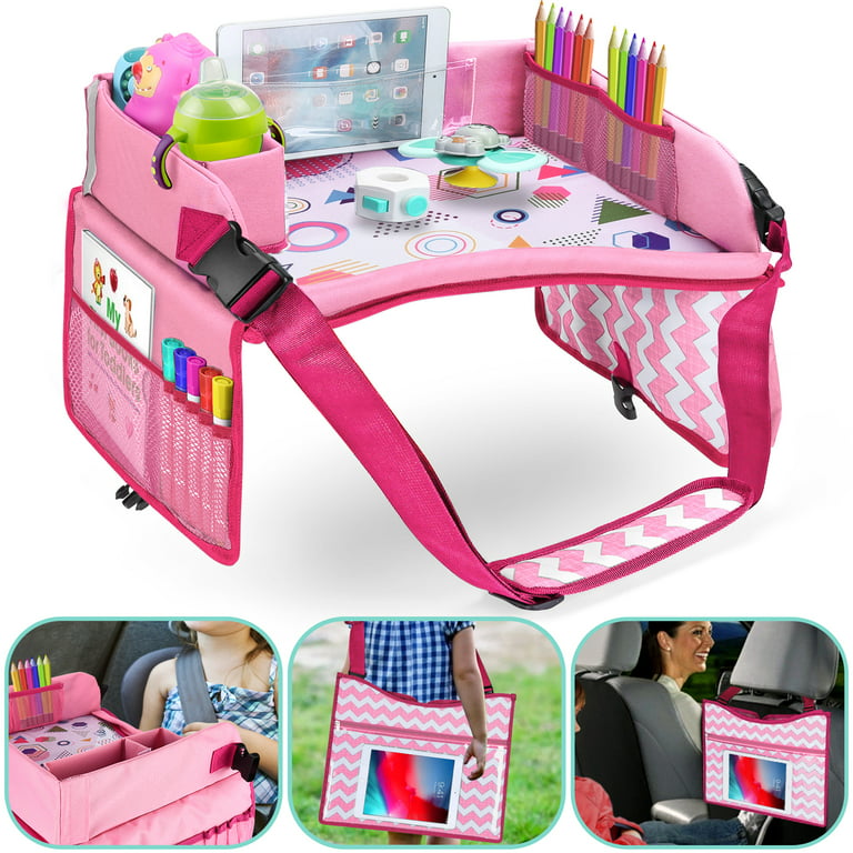 GNEGNI Kids Travel Tray for Airplane, Foldable Pink Travel Tray Cover,  Toddlers Travel Tray Table Fit For Toys Snacks Used on Train Plane,  Must-have Travel Tray For Kids Airplane Travel Essentials 