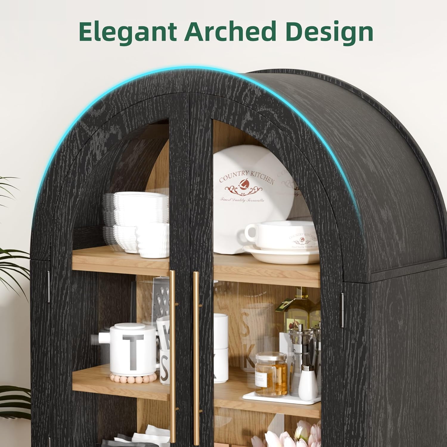 MAYEERTY 63"H Arched Accent Cabinet, Wood Kitchen Storage Cabinets with Glass Rattan Door and Adjustable Shelf for Living Room, Dining Room, Black
