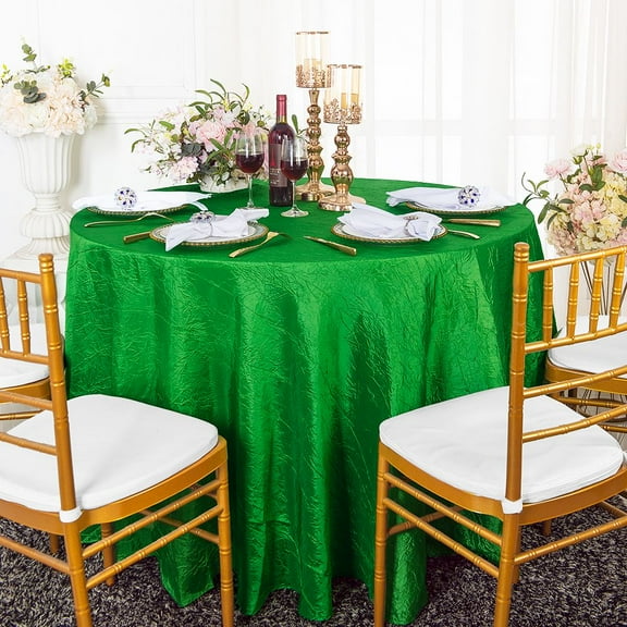 Wedding Linens Inc. 120" Seamless Round Crushed Taffeta Tablecloth Crinkle Tablecloths - Emerald Green