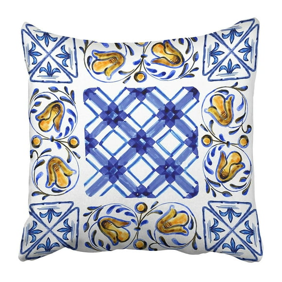 BOSDECO Italian Majolica Watercolor on Ceramic Tiles in Blue Brown Green and Yellow Colors Pillowcase Pillow Cover 18x18 inch