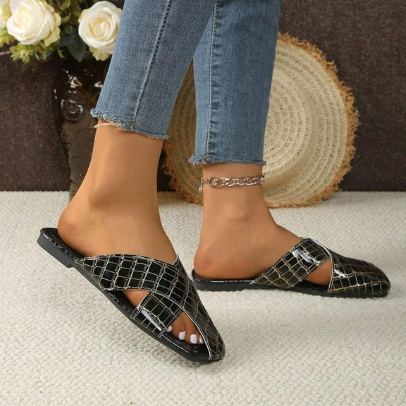 Bxsruta Square-Toe Wrapped Slippers with Gold Accents, Flat PVC Sole for Indoor/Outdoor Casual Wear