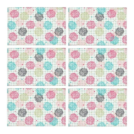 

MKHERT Abstract Floral Flowers with Checkered Plaid Pink Blue Placemats Table Mats for Dining Room Kitchen Table Decoration 12x18 inch Set of 6