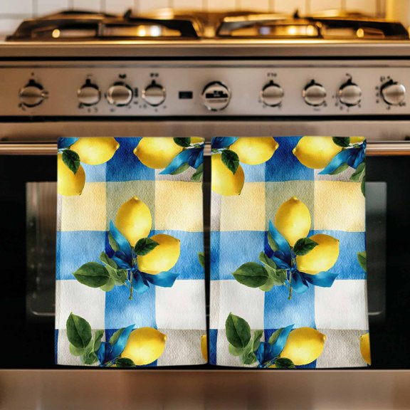 Summer Lemon Kitchen Towels Set of 2, Yellow Green Botanical Blue Plaid Vintage Absorbent Dish Towels for Kitchen, Microfiber Hand Towel, Quick Drying Tea Towel for Cleaning Decorative Dishcloths