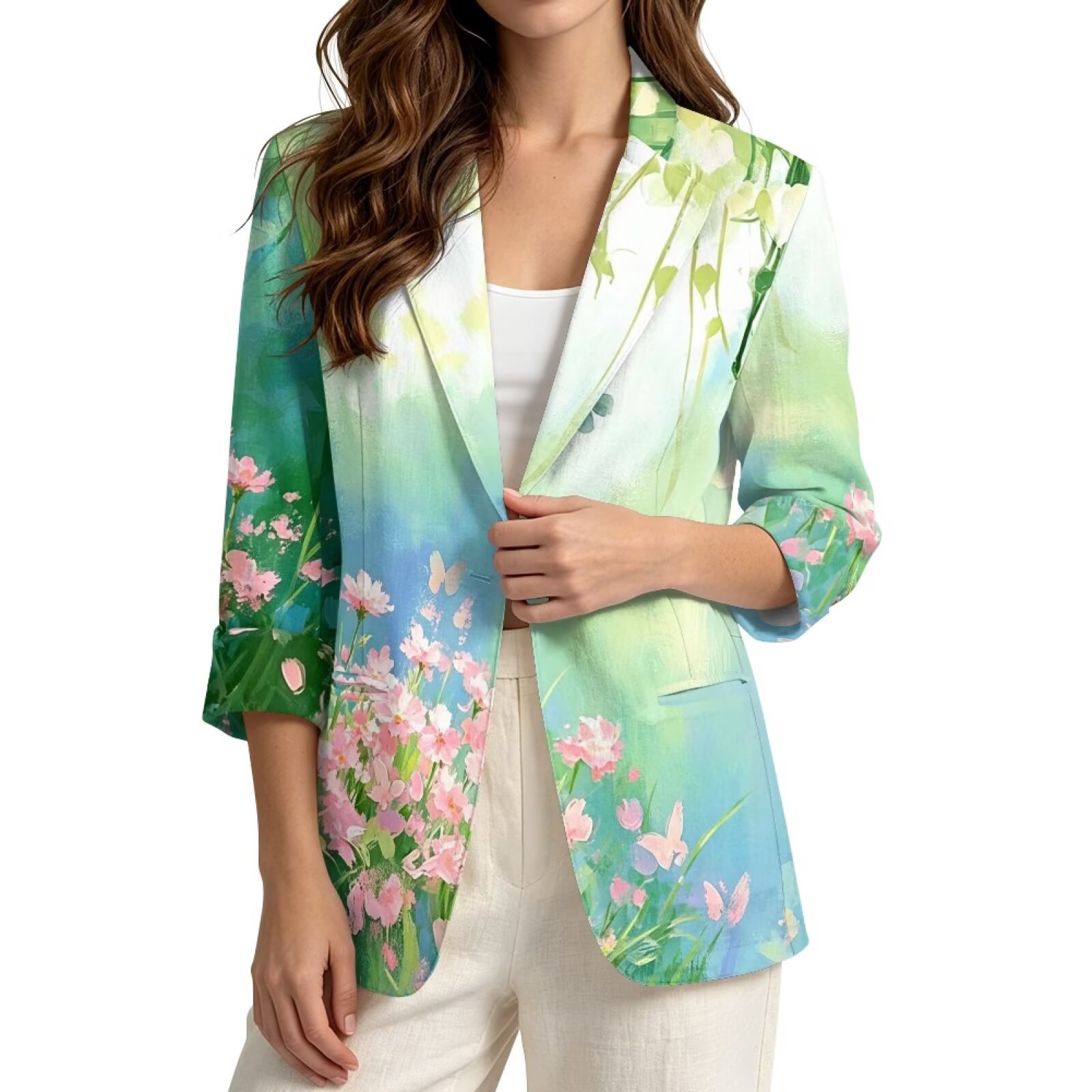 Xixirimido Spring Floral Butterfly Women's Casual Blazers Suit Jacket, L, Lapel Loose Fit Blazer, 3/4 Sleeve Open Front, Dressy Casual Office Work Outfit