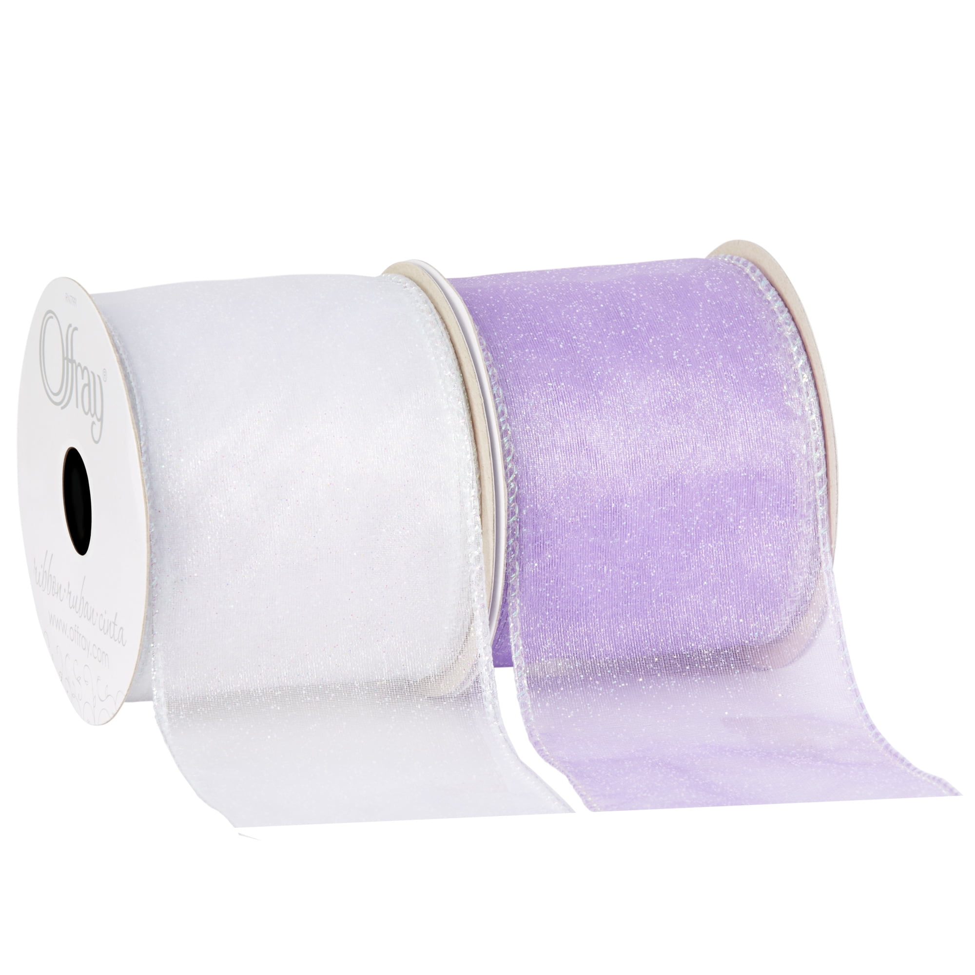 Offray Ribbon, White 2 1/2 inch Wired Edge Sheer Metallic Ribbon, 9 feet