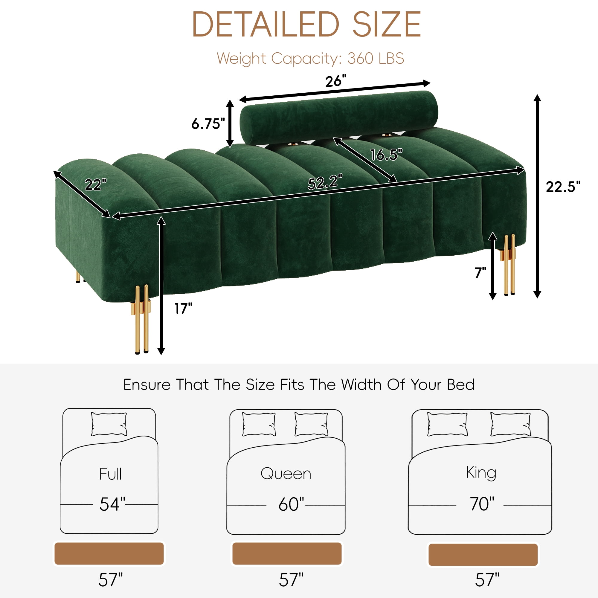 Wiilayok 52" Upholstered Velvet Ottoman Bench,End of Bed Bench with Gold Legs,Tufted Long Bench for Bedroom Living Room Foyer Indoor Entryway,Green