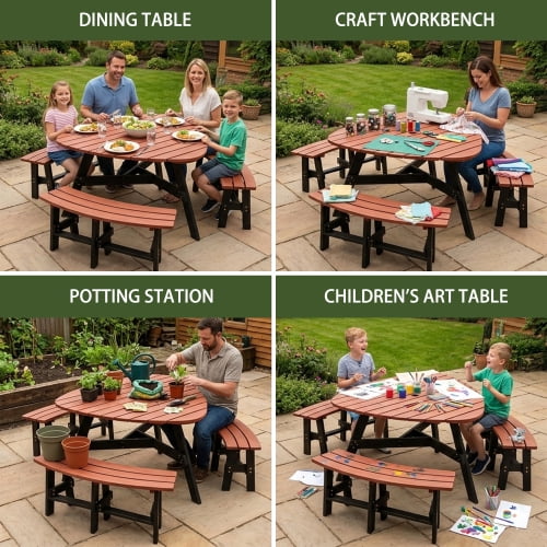 6-Person Semi-Circular Outdoor Picnic Table Set, Solid Fir Wood Dining Table with 3 Built-in Benches and Center Umbrella Hole, Rustic Brown Tabletop & Black Legs