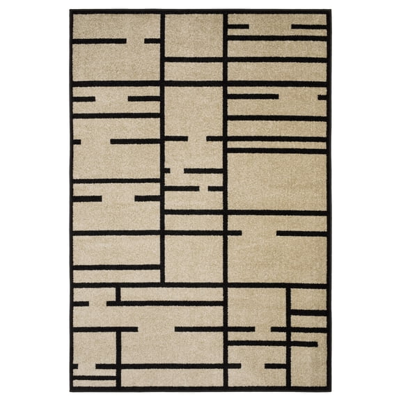 ROW by Oriental Weavers Quinn QUI03 - Machine Woven Area Rug - 7'10" x 10' - in Beige/ Black - Modern Style Living Room, Family Room, Dining Room Rug