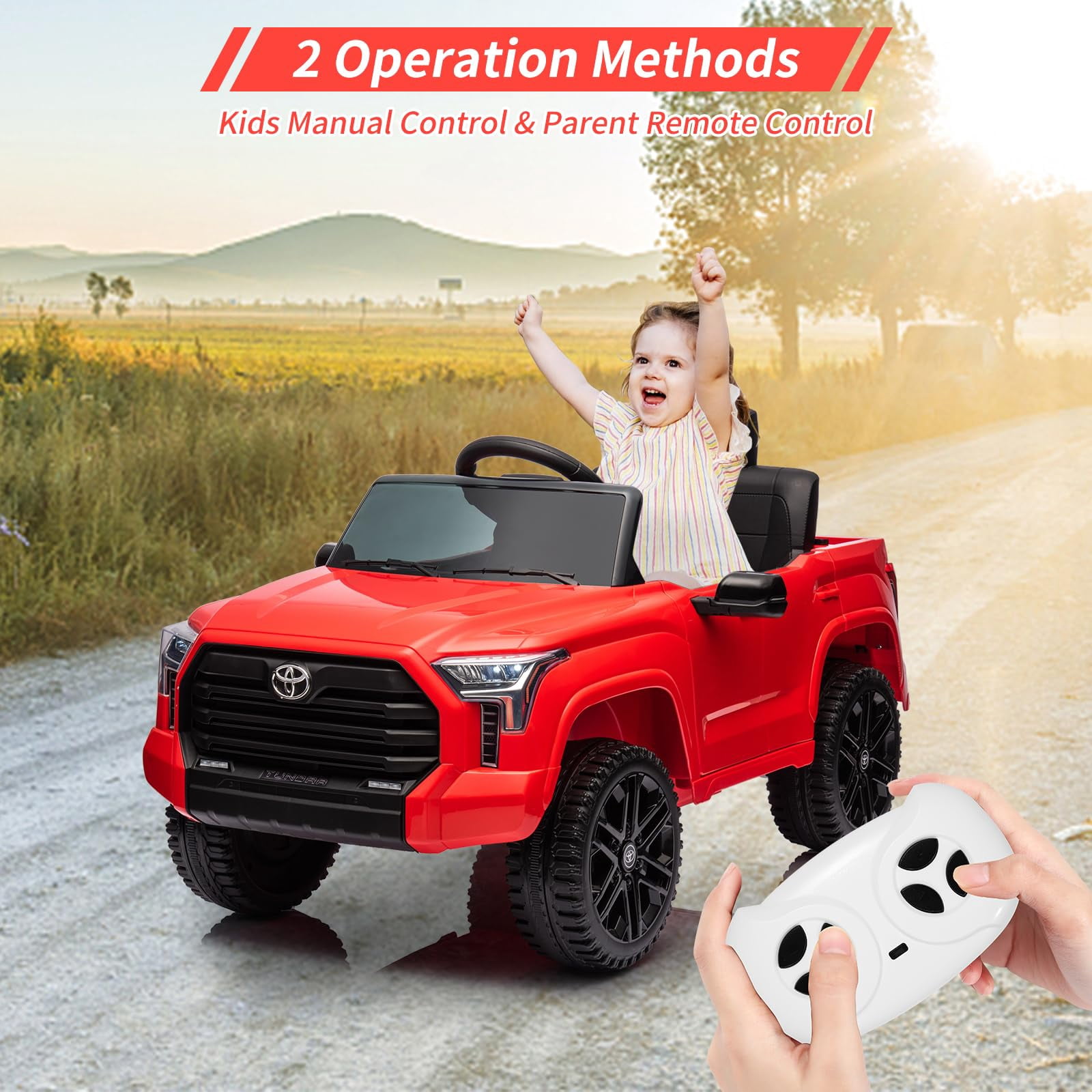 Juiluna Ride on Truck Car, 12V Licensed Toyota Tundra Ride on Car w/Remote Control, Battery Powered Electric Car with4 Wheels Spring Suspension, 3 Speeds, LED Lights, Gift for 3+ Kids-Red