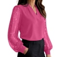 thumbnail image 2 of ClodeEU Women's V Neck Lace Long Puff Sleeve Chiffon Blouse,Elegant Solid Office Casual Dressy Top Hot Pink,Women's Plus XXL, 2 of 9