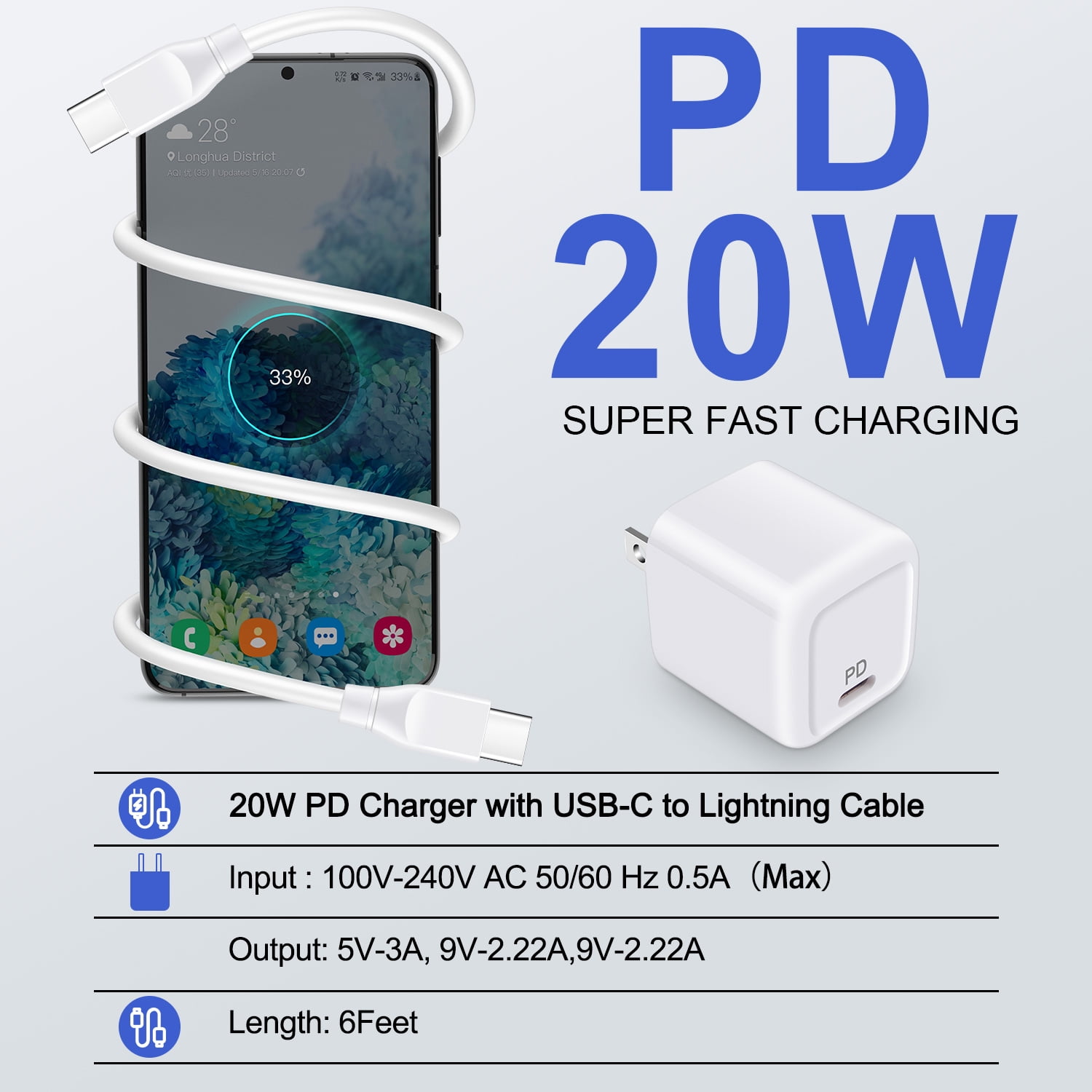 USB C Block,ABCPOW 2PACK 20W PD Type C Wall Charger Block with 2PACK Usbc Charging Cable 6ft USB Charger Adapter Plug USB C Brick Power Delivery Android Fast Charger Block Phone Charger