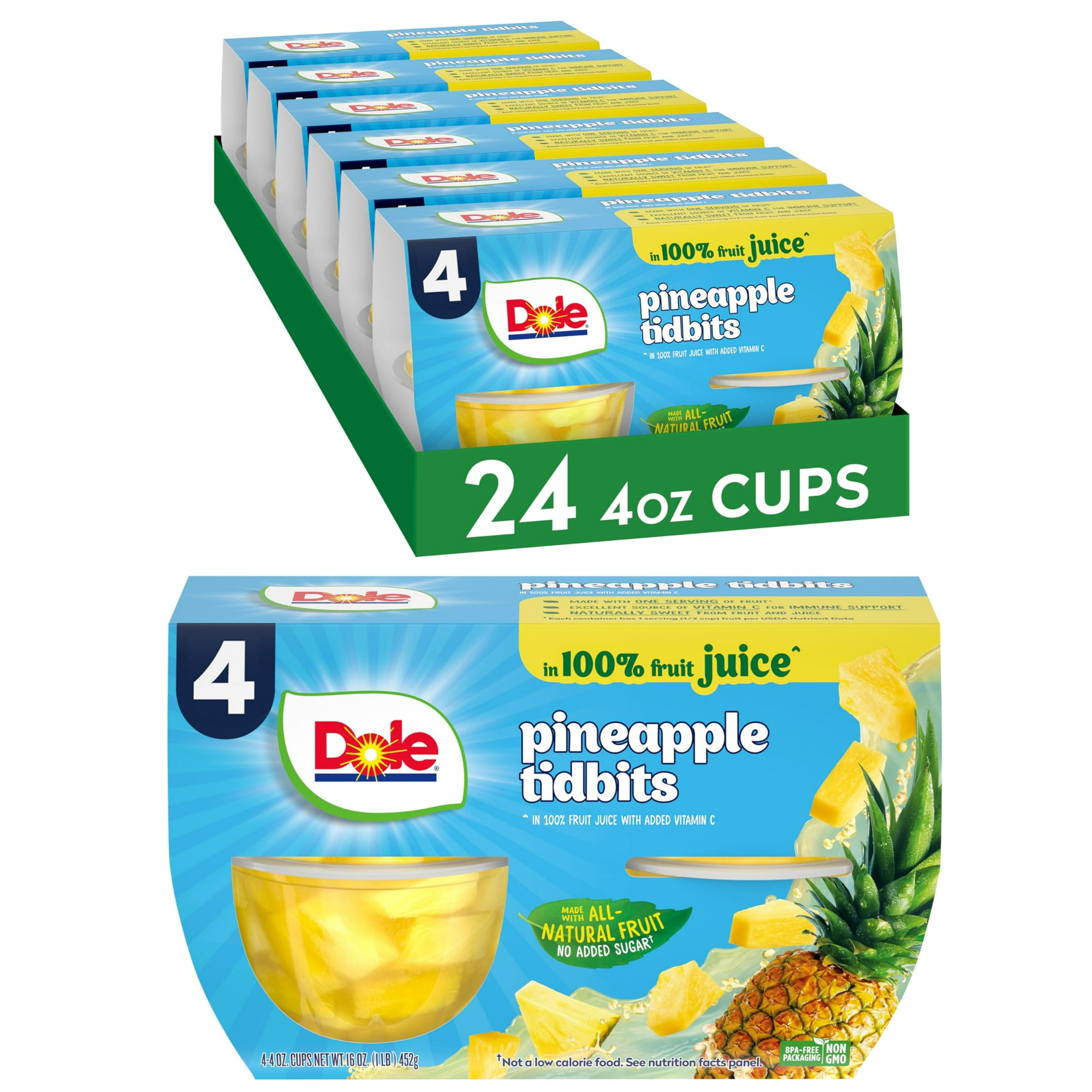 Dole Fruit Bowls Pineapple Tidbits in TVS1 100% Juice Snacks 4oz 24 Total Cups Gluten & Dairy Free Bulk Lunch Snacks for Kids & Adults