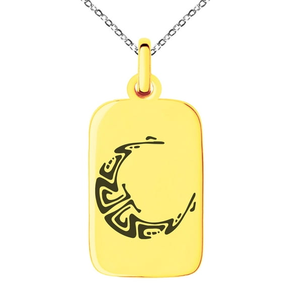 Stainless Steel Mayan Crescent Moon Rune Engraved Small Rectangle Dog Tag Charm Pendant Necklace