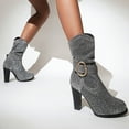 thumbnail image 5 of hopeusnice Women's Buckle Block Heel Boots Suede Glitter Round Toe Chunky Heel Mid Calf Boots Fall Winter Fashion Elegant Shoes Silver 36, 5 of 7