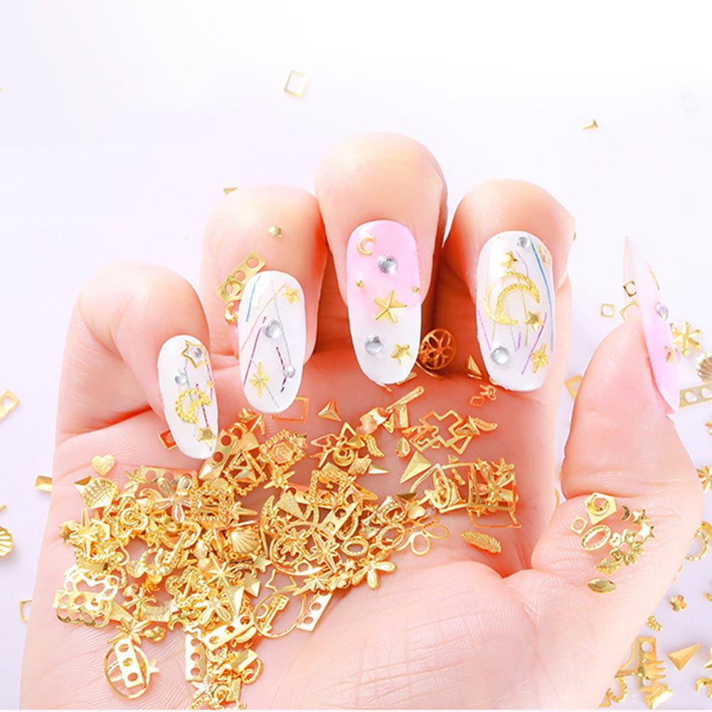Buy Nail Art Studs 3D Nail Charms Sparkle Gold Silver Metal Nail Studs  Jewels Mix Shapes Star Moon Shell Rivet DIY Nait Art Decorations Manicure  Kit with Tweezers(Gold/Silver) Online at Low Prices