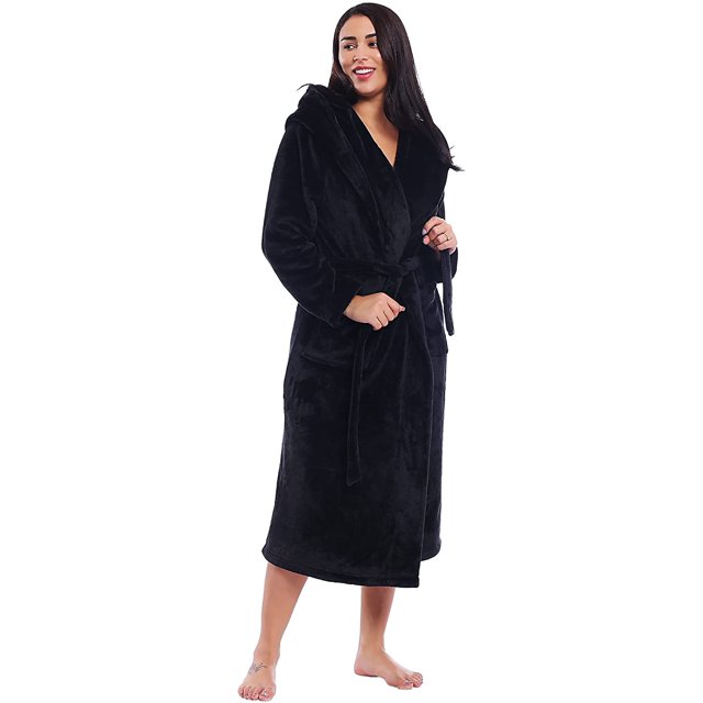 Women Plush Fleece Robe Long Warm Bathrobe Shawl Collar/Hood