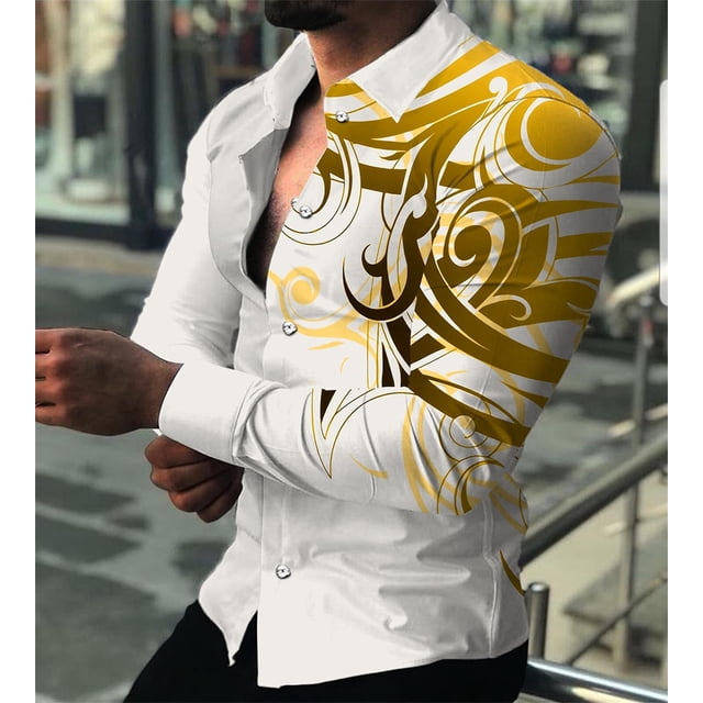 Camisa estampada con ilustración HD para hombre, camisa informal, camisa de fiesta de lujo social, cuello de manga larga, 11 colores, talla grande