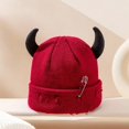 thumbnail image 4 of Unisex Knitted Beanie Hat, Devil Horns Knitted Hat, Halloween Distressed Skull Cap Funny Hip Hop Hat Windproof Warm Winter Yarn Hat For Men Women (Red), 4 of 7