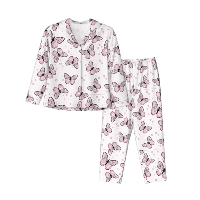 Balery Pink Butterflies (2) Conjunto de Pijama con Estampado para Mujer, Conjunto de Dos Piezas con Manga Larga, Ropa de Dormir Suave con Bolsillos, Pijamas Cómodos-Large