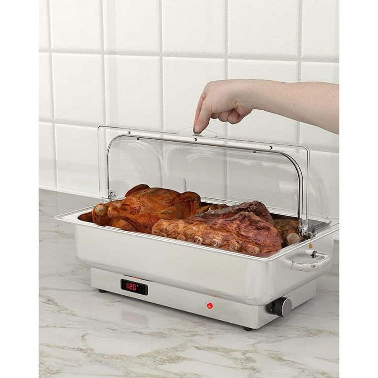 Electric Chafing Dish 9 QT Adjustable 0°C~100°C Roll Top Half Size Auto  ShutOff Stainless Steel Buffet Servers and Warmers, Temp Display  Programmable