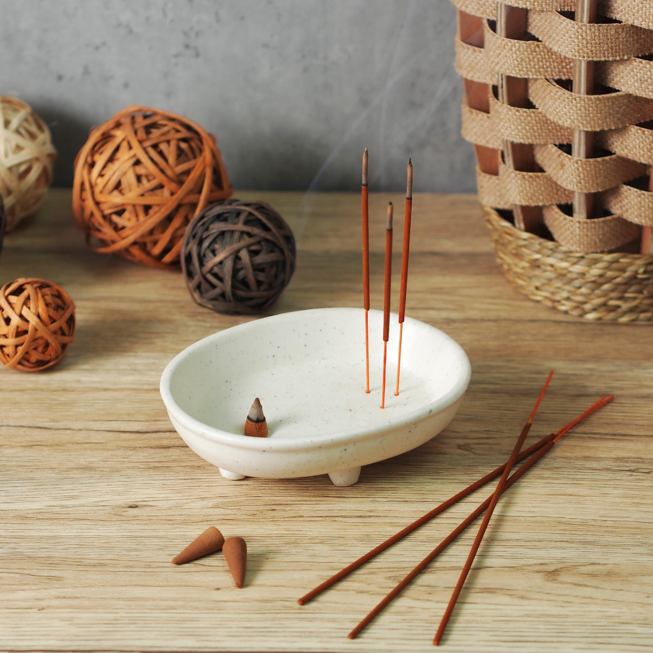 Better Homes & Gardens Premium Cream Speckled Ceramic Incense Stick and Cone Holder