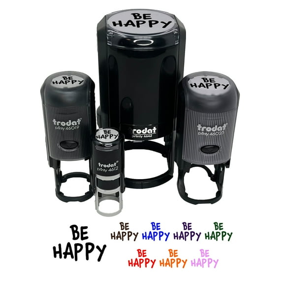 Be Happy Fun Text Self-Inking Rubber Stamp Ink Stamper - Lime Green Ink - Medium 1 Inch