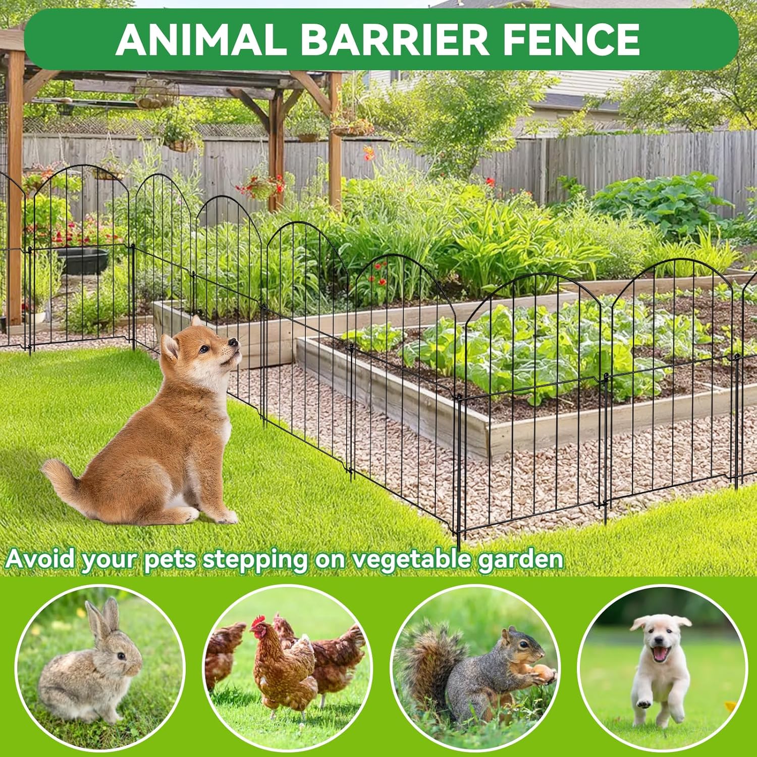 Decorative Arch Garden Fence 25 Panels, 17'' H x 26.7FT L, No- Animal Barrier with Rustproof Stakes - Easy Install & Sturdy Design